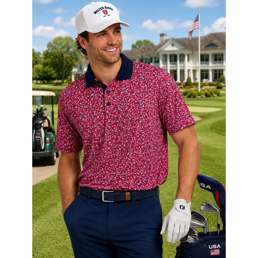 Walter Hagen Men's P11 USA Liberty Ditsy Golf Polo in Red Multi, size XXL, NWT